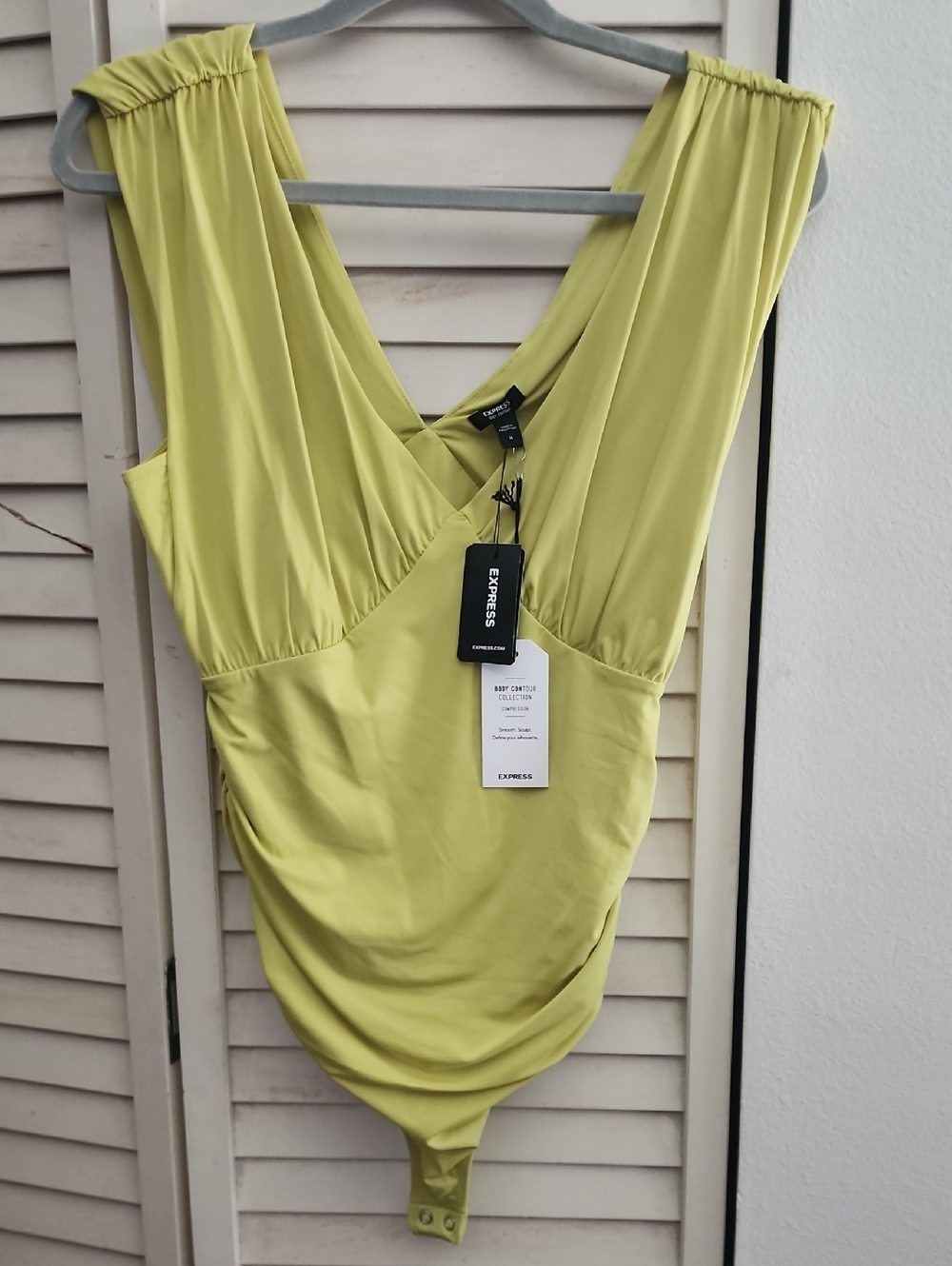 Express Lime Green Brand New Sleeveless V-Neck Draped Bodysuit  In A MEDIUM